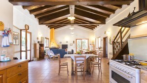 A spacious kitchen with wooden beams, a dining area, and a living room. - Splendid independent Villa surrounded by Sardinian nature (Putifigari)