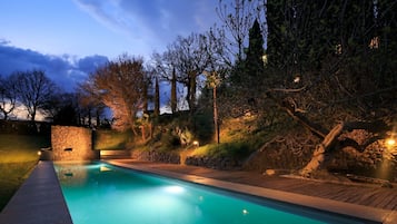 Outdoor pool, a heated pool, pool loungers