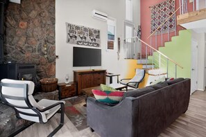 Smart TV, fireplace, books