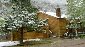 A wooden cabin with a chimney, surrounded by snow-covered trees and a mountain backdrop. - Clear Creek Retreat - Take a trip to the mountains (Georgetown)