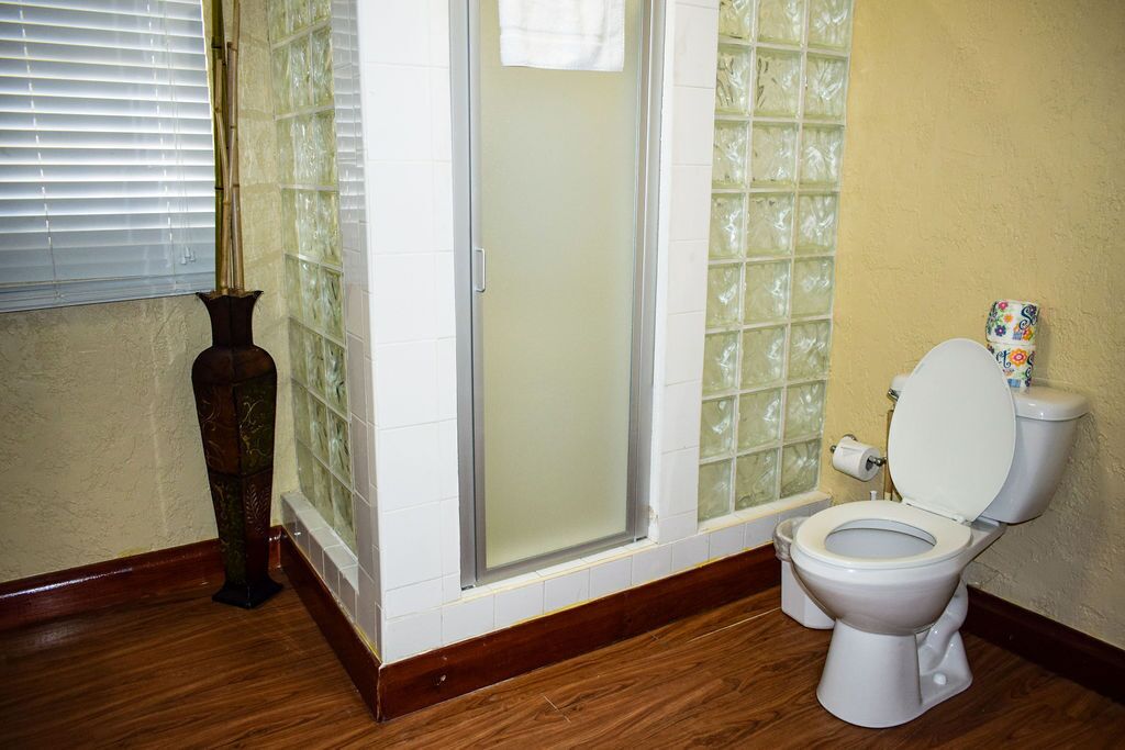 Casa de banho com sanita, chuveiro com portas de vidro jateado e chão de madeira.