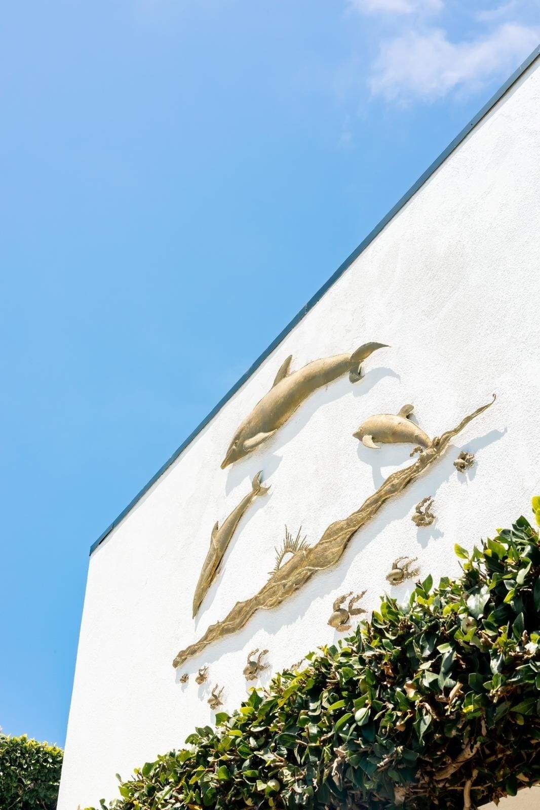 A white building with a dolphin mural on the side.