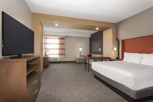 Una habitación de hotel con una cama grande, televisión, escritorio y ventana con cortinas.