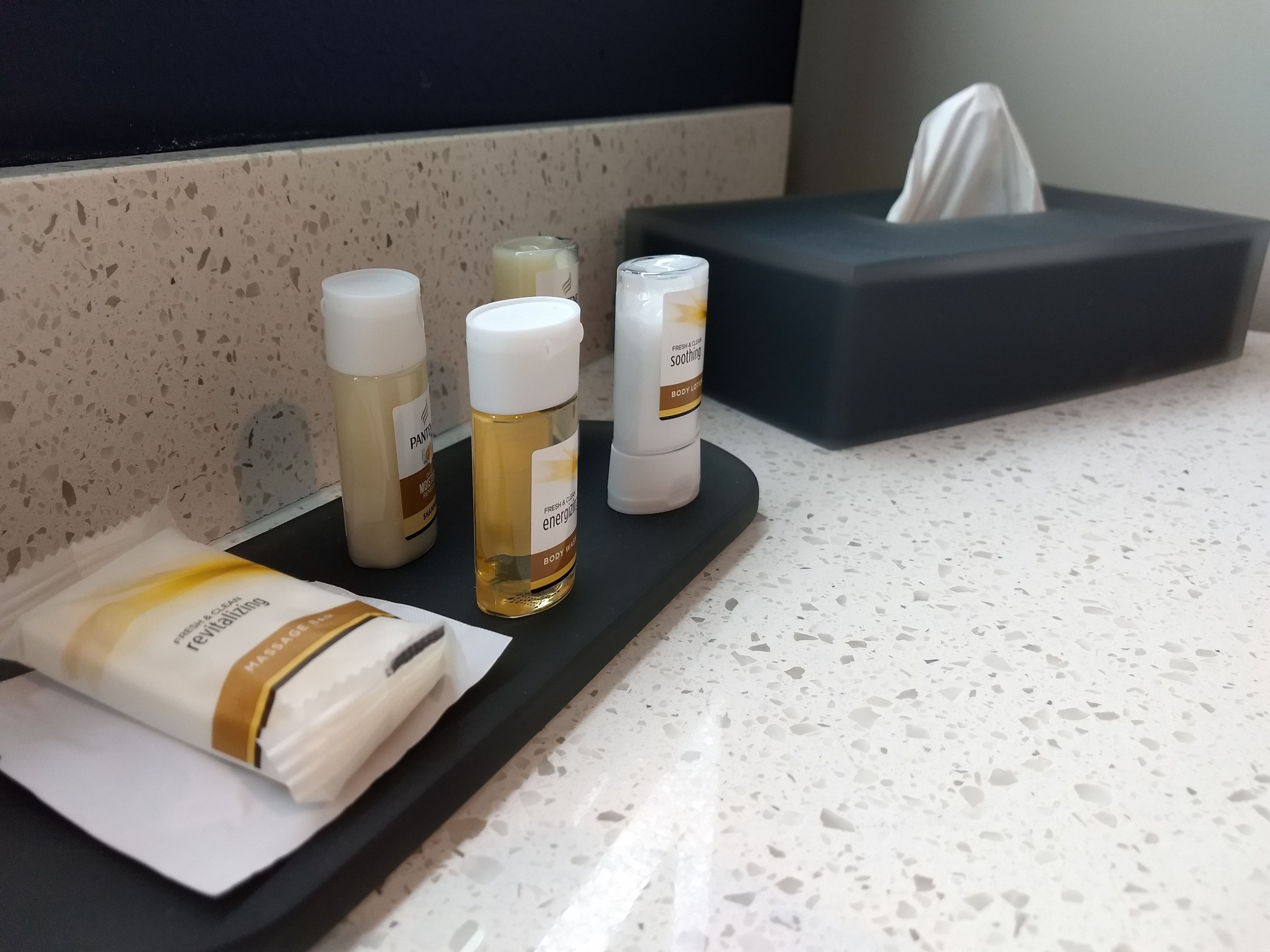 combined shower/bathtub, free toiletries, hair dryer, towels