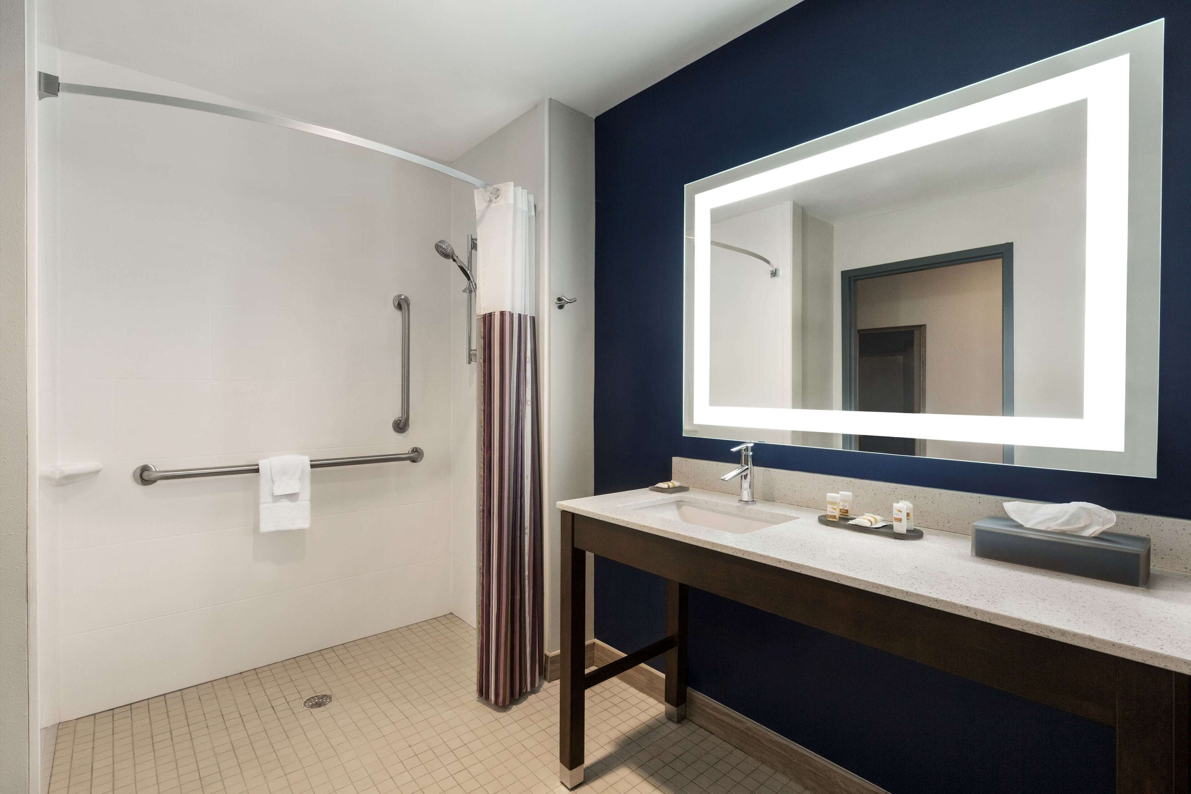 A modern bathroom with a walk-in shower, a large mirror, and a sink with toiletries.