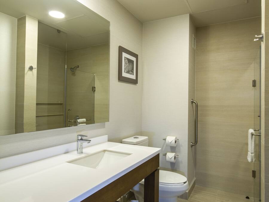 Un baño moderno con un espejo grande, dos lavamanos, un inodoro y una zona de ducha.