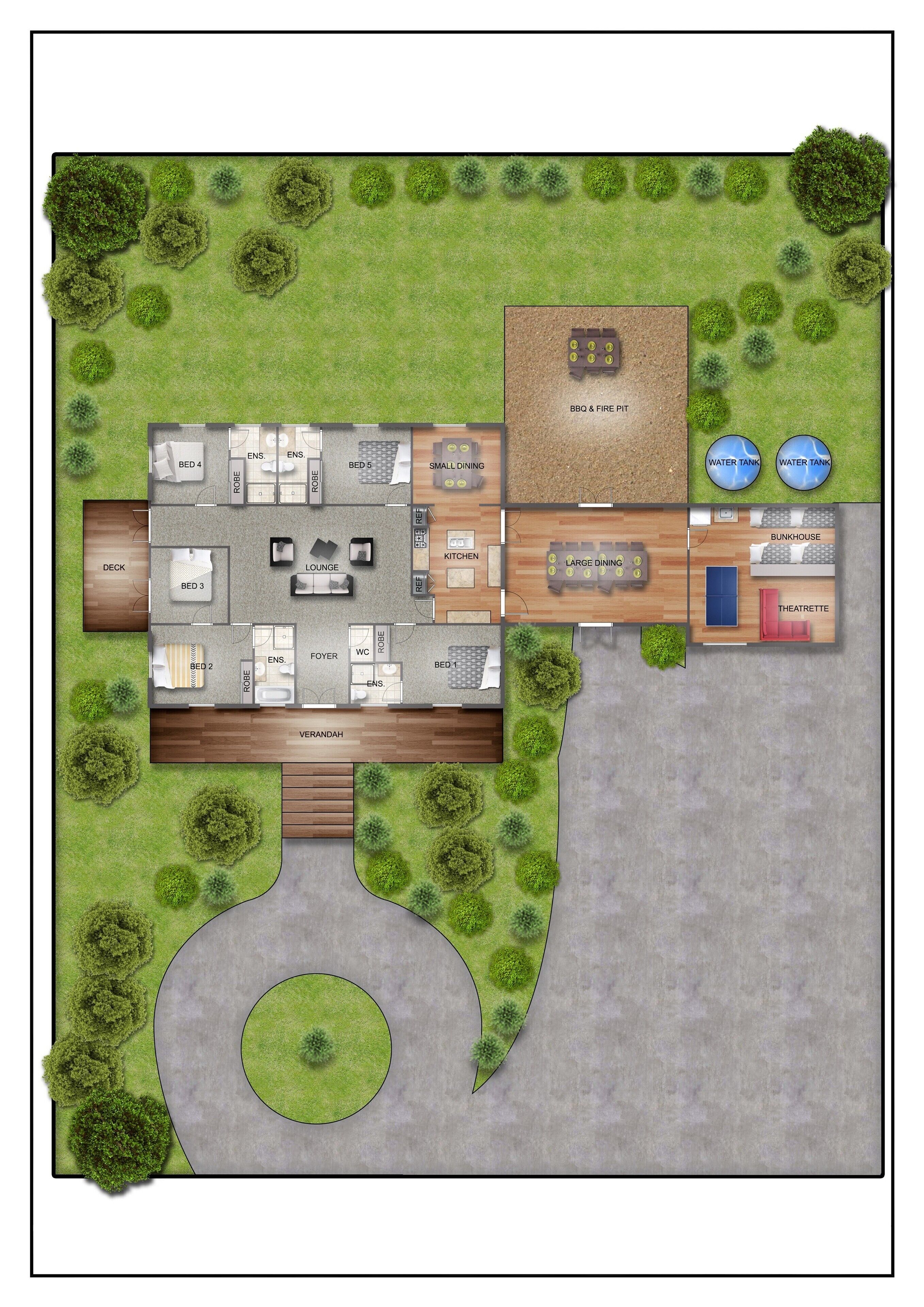 A hotel layout with a lounge, dining areas, a theater, and a BBQ & fire pit.