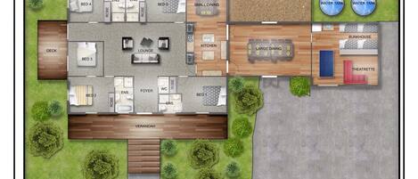 A hotel layout with a lounge, dining areas, a theater, and a BBQ & fire pit.