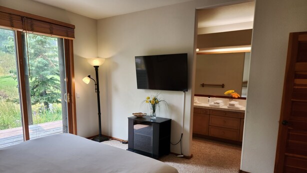 A bedroom with a bed, a bedside lamp, a TV, and a view of a garden through the window. - Snowcreek Resort Vacation Rental 954 (Mammoth Lakes)
