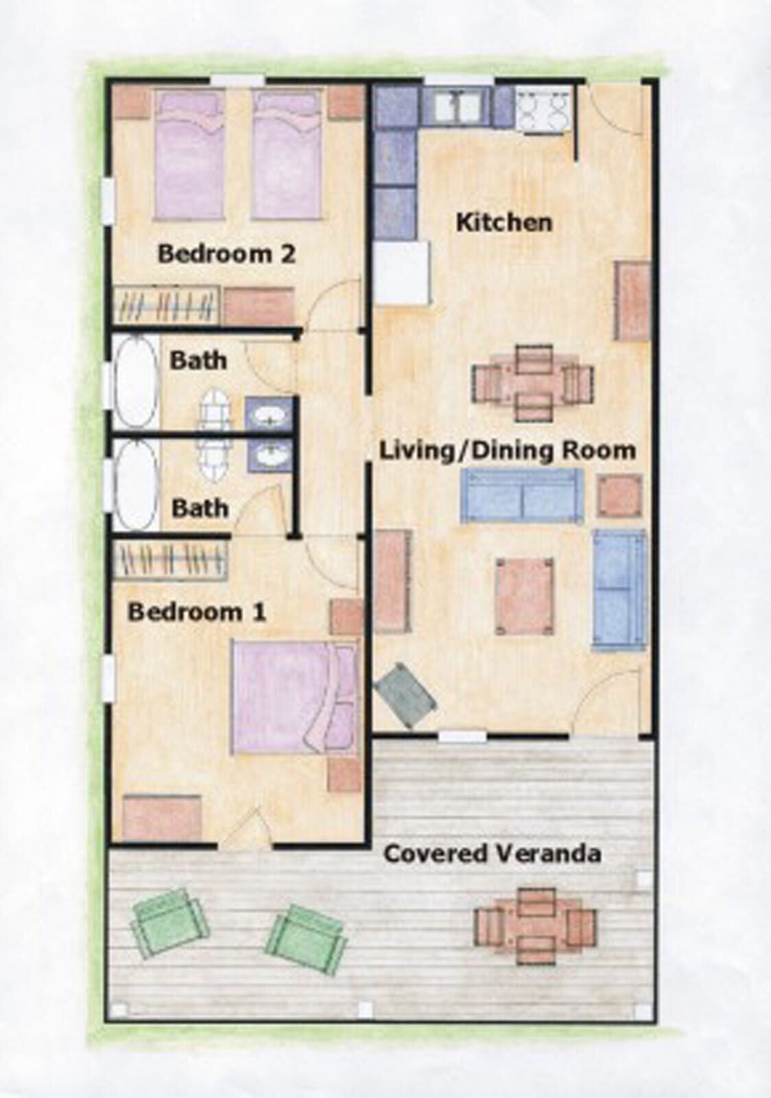 Plànol d'una casa amb dues habitacions, dos banys, cuina, saló-menjador i una verada coberta.