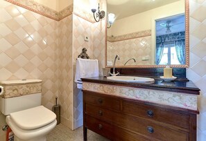 Combined shower/tub, free toiletries, hair dryer, towels
