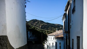 A narrow street with white buildings, a stone wall on the left, and a hill in the background. - The best terrace of the Serranía de Ronda, Emerald Pool: Casa Martijín (Jimera de Líbar)