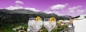 Two glasses of a clear beverage with ice and an orange slice, set against a backdrop of mountains and a village. - The best terrace of the Serranía de Ronda, Emerald Pool: Casa Martijín (Jimera de Líbar)