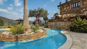 Una piscina con borde de piedra, rodeada de plantas y una palmera.