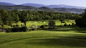 Un campo da golf con un verde curato, una buca di sabbia e un bastoncino di segnalazione.