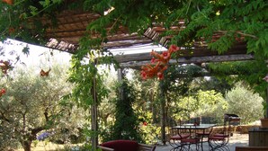 Une terrasse extérieure avec des meubles en bois, une pergola et une végétation luxuriante.