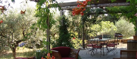 Un patio al aire libre con mobiliario de madera, una pérgola y abundante follaje.