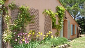 Une maison avec un mur en pierre, un jardin agrémenté de fleurs jaunes et roses, et une clôture ornée de plantes grimpantes.