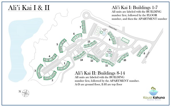 Ali'i Kai I & II -alueen kartta, jossa on merkitty rakennukset ja uima-altaat.