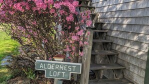A wooden staircase leading to a loft labeled 'ALDERNEST LOFT' with a pink flowering tree nearby.