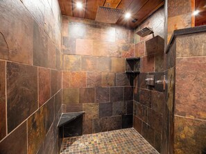 Combined shower/tub, hair dryer, towels, soap