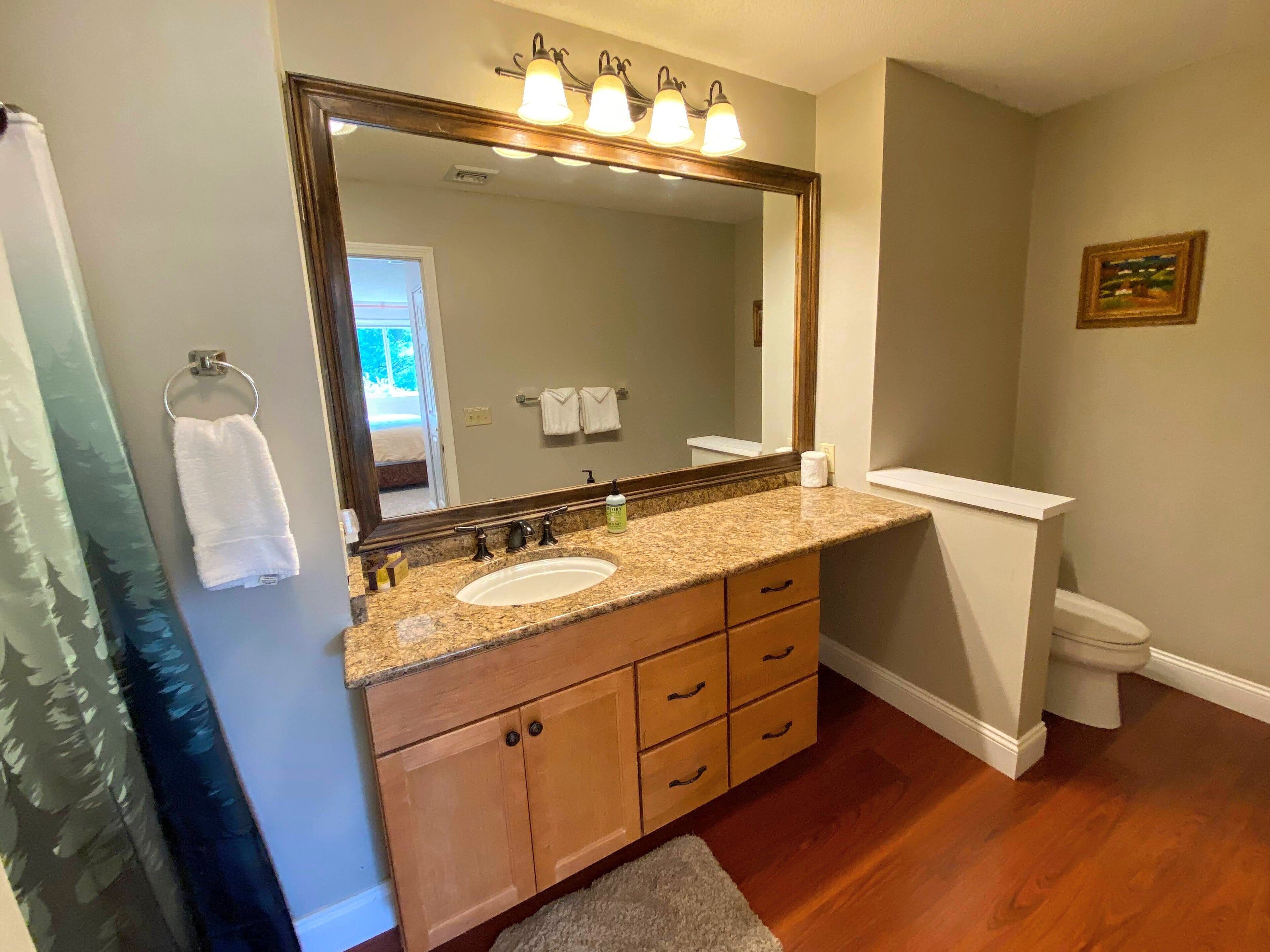 Une salle de bain avec un lavabo sur un plan de travail en granit, des meubles en bois, un grand miroir et des toilettes.
