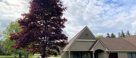 A single-story house with a gabled roof, a front porch, and a small front yard.