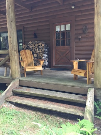 Terrace/patio. Log Cabin On Quiet Wilderness Lake In Downeast Lakes Region Of Maine