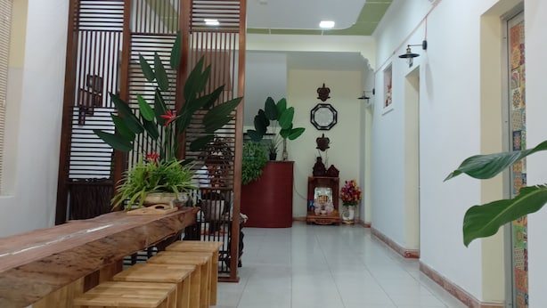 A hallway with a wooden bench, potted plants, a decorative wall piece, and a ceiling light fixture. - Tan An Guest House (Ho Chi Minh City)