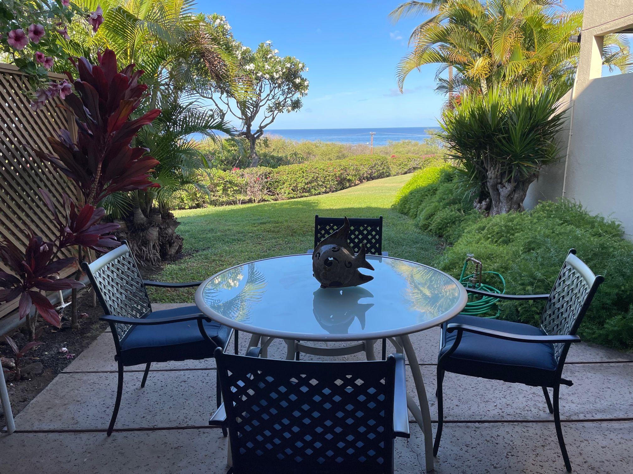 A glass table with chairs in a garden area with a view of the ocean.