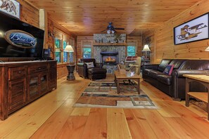 TV, fireplace, books