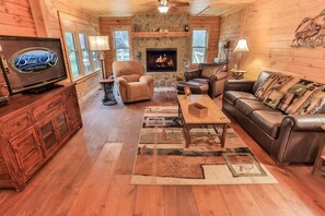 TV, fireplace, books