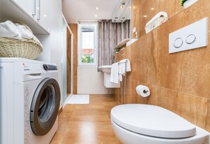 Hair dryer, towels, soap, toilet paper