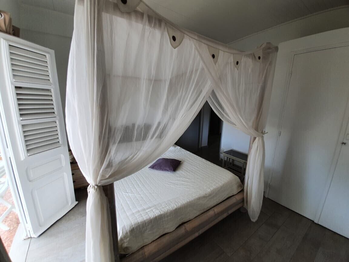 Un dormitorio con cama con dosel, una puerta blanca y un armario.