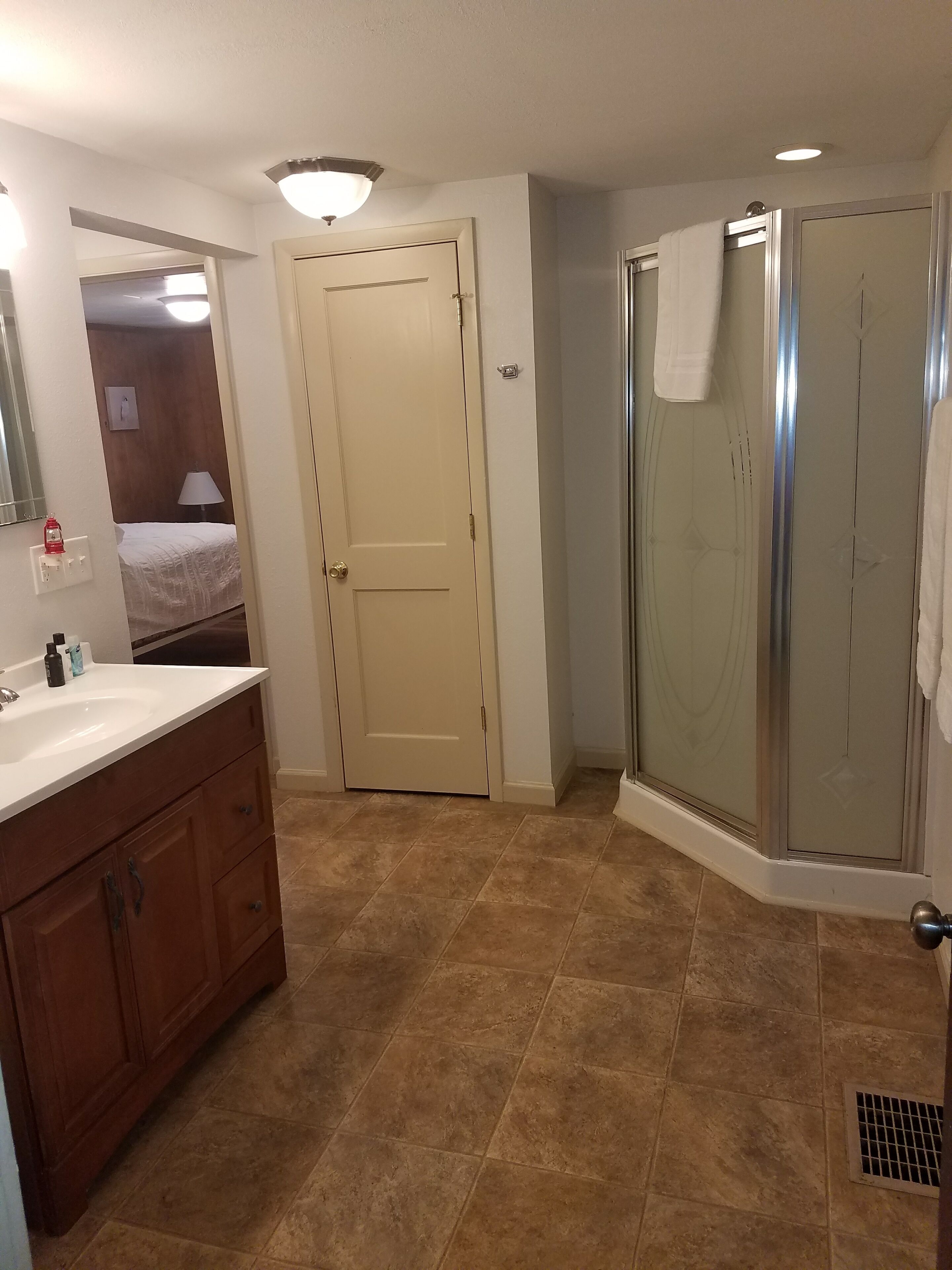 A bathroom with a shower, a sink, and a mirror.
