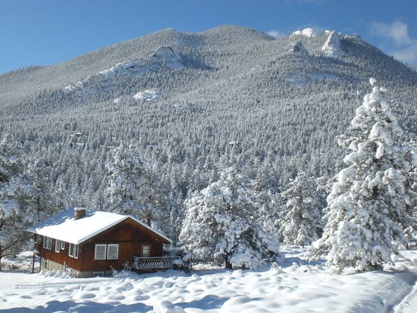 Una cabaña de madera con techo nevado, rodeada de árboles cubiertos de nieve y una montaña al fondo.