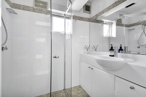 Shower, hair dryer, towels, soap