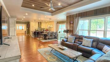 Smart TV, fireplace, video games, DVD player