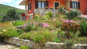 Une maison rouge avec un escalier en pierre menant à une porte, entourée d’un jardin où poussent différentes plantes et fleurs.