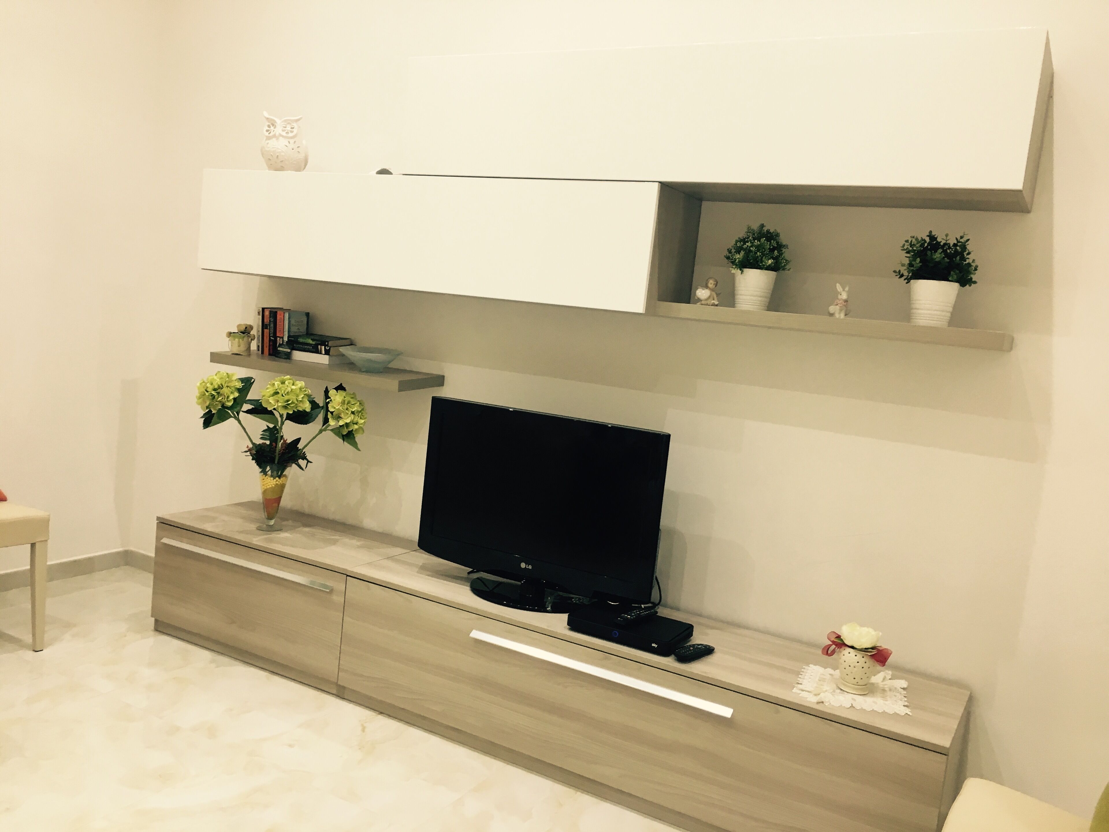 Una sala de estar moderna con un televisor de pantalla plana sobre un mueble de madera, un estante blanco encima y una pequeña planta en maceta sobre el estante.