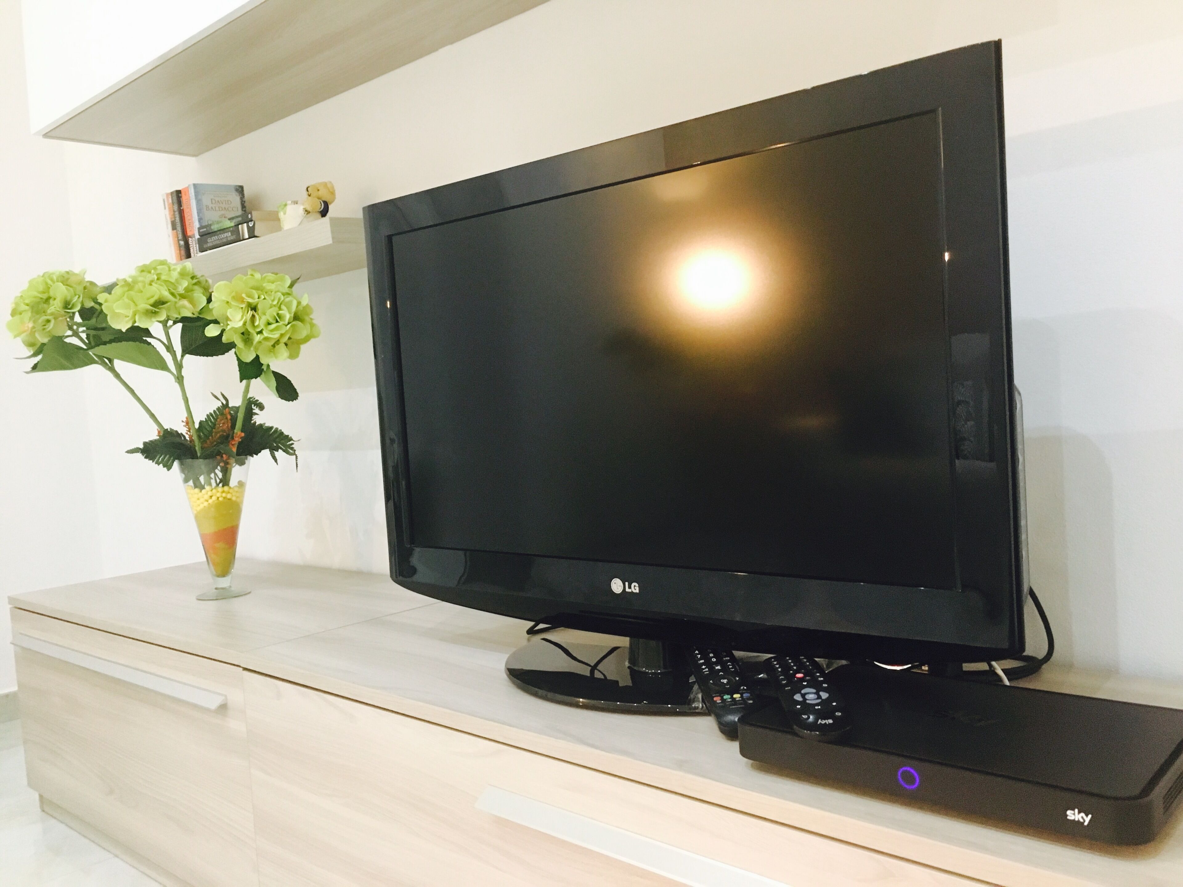 Un téléviseur à écran plat posé sur un meuble en bois, avec une télécommande et un décodeur Sky en dessous.