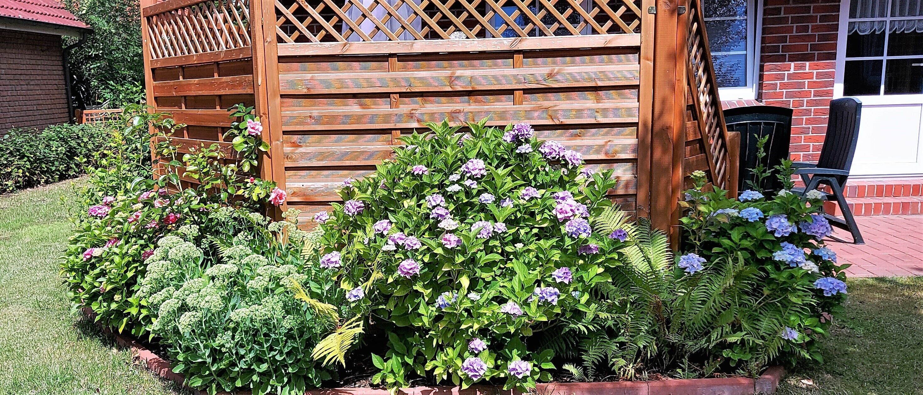 Un jardín con un porche de madera, diversas plantas en flor y un edificio de ladrillo al fondo.