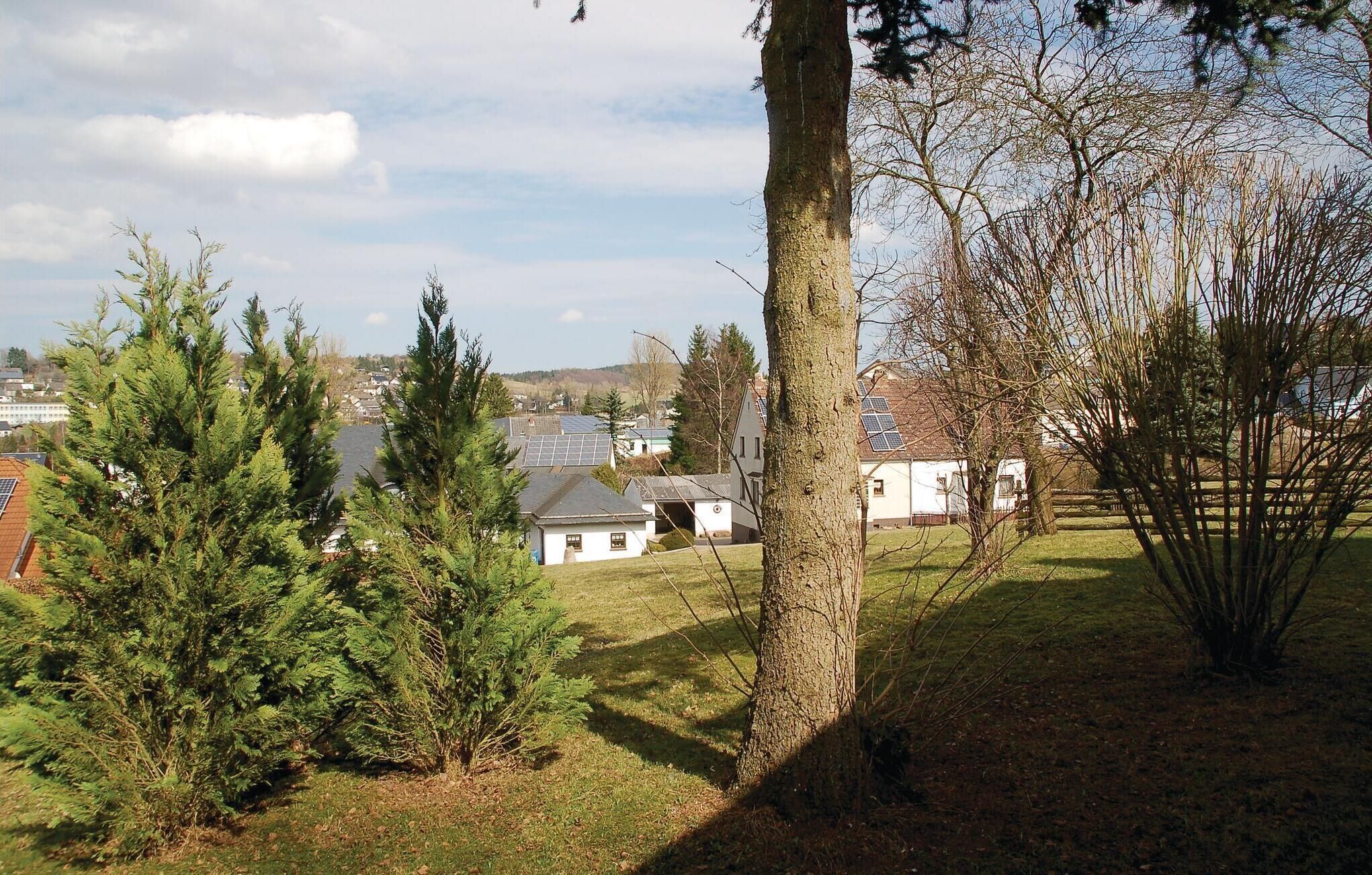 Een woonwijk met huizen, een grote boom en een grasveld.