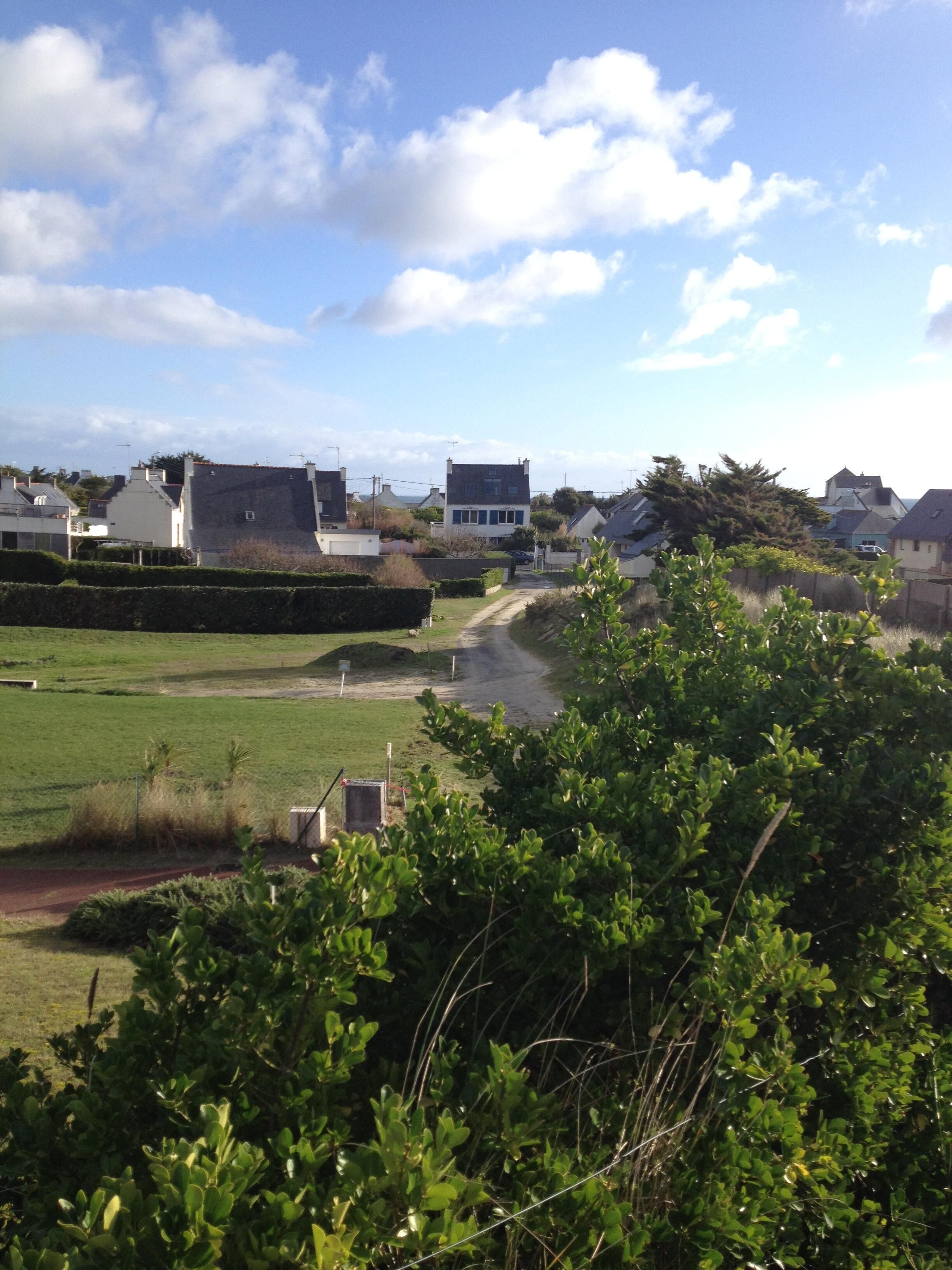 A rural landscape with houses, a dirt path, and greenery.