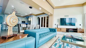 Smart TV, books, music library, stereo