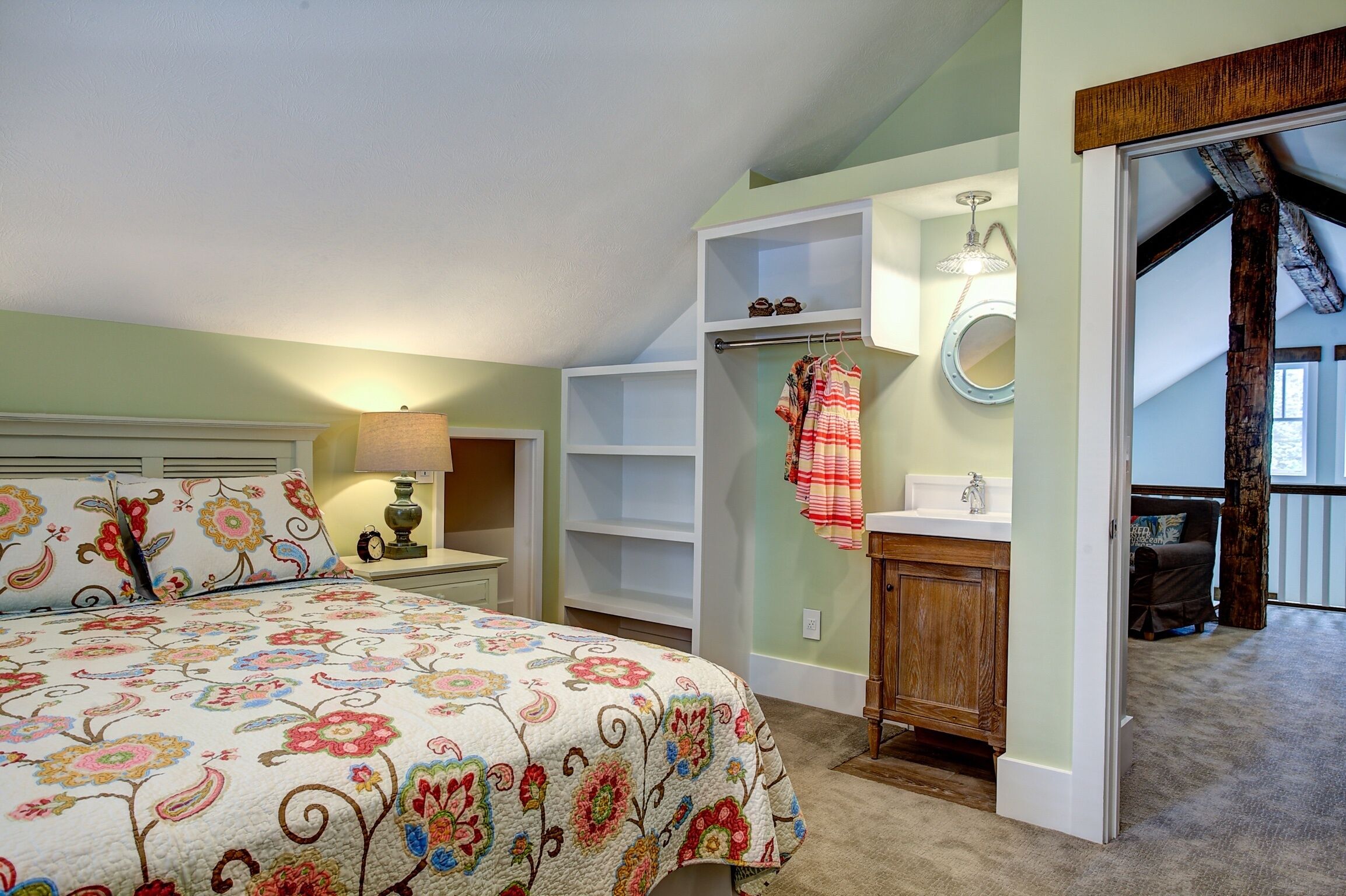 Upstairs Bedroom with Queen Bed & Twin bed.  Private Sink and Vanity