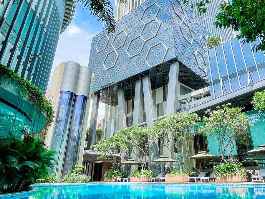 Outdoor pool, pool umbrellas, pool loungers