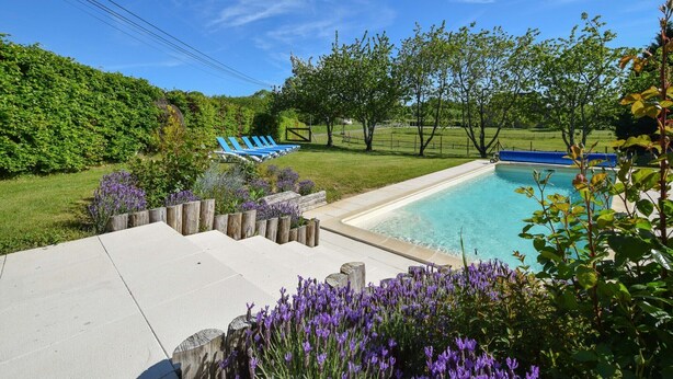 Un jardin avec une piscine, des chaises longues bleues et une terrasse en bois.