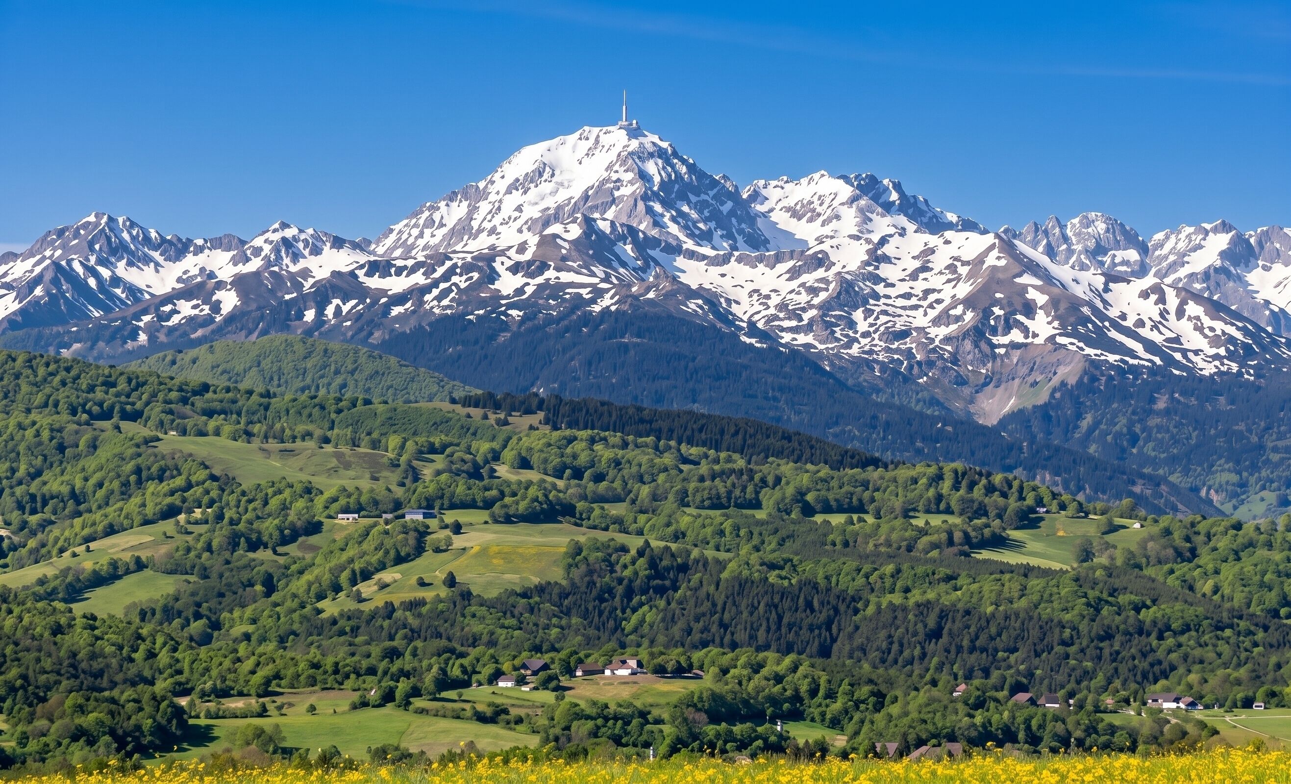 A mountain landscape with snow-capped peaks, a clear sky, and a valley with green fields and scattered buildings.