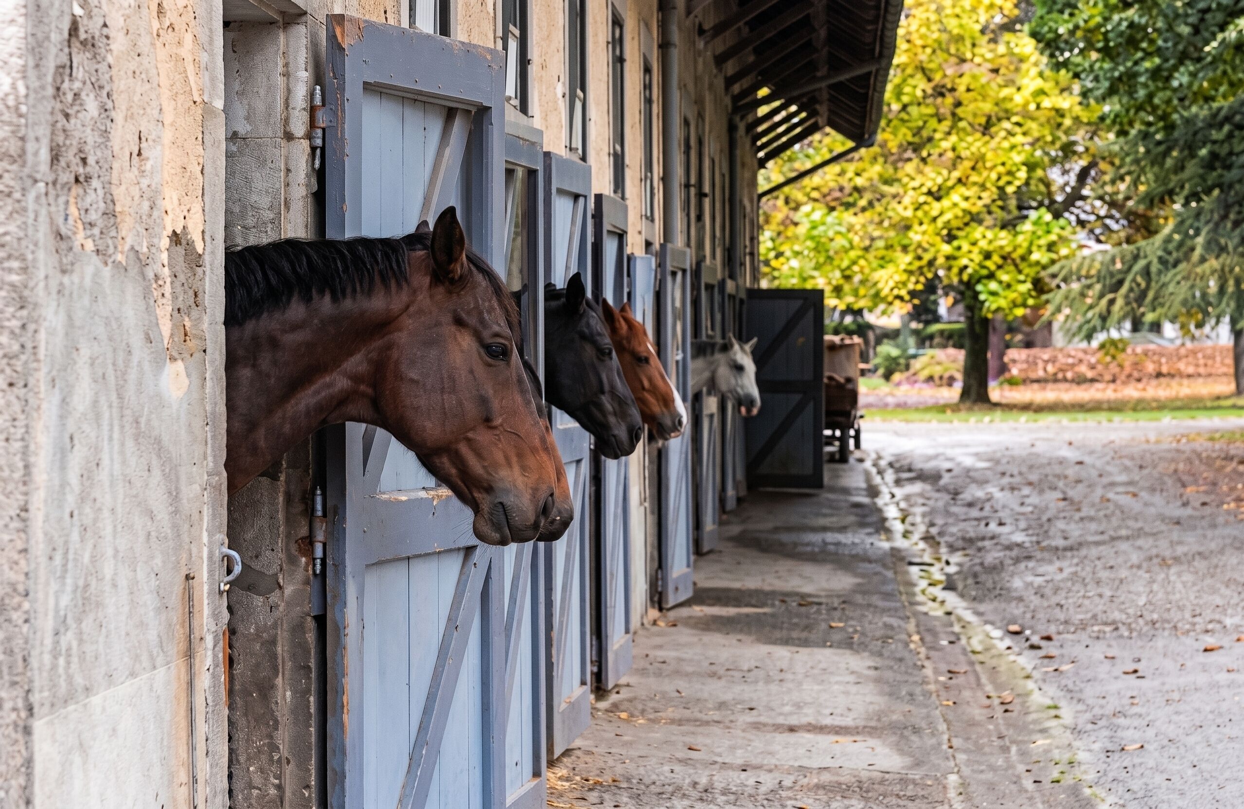 Een stal met paarden, houten wanden en een geplaveid pad.